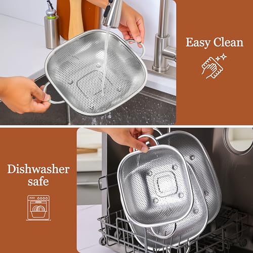 E-far 4QT Square Stainless Steel Colander - Metal Strainer with Handle for Draining Pasta & Vegetables, Micro-Perforated & Elevated Feet, Dishwasher Safe - size: 4QT