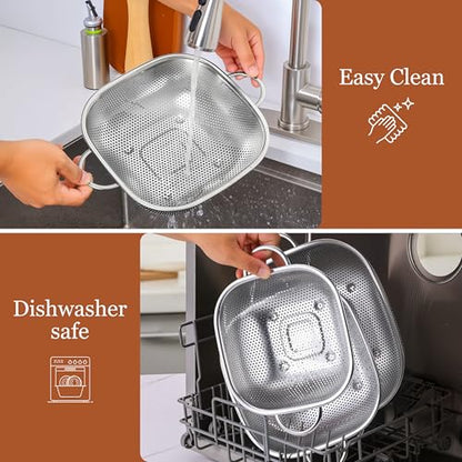 E-far 4QT Square Stainless Steel Colander - Metal Strainer with Handle for Draining Pasta & Vegetables, Micro-Perforated & Elevated Feet, Dishwasher Safe - size: 4QT