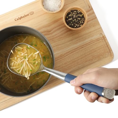 Calphalon Edge 수프 국자, 스테인리스 스틸 수프 국자, 실리콘 손잡이가 있는 서빙 국자, 내열성 논스틱 안전 주방 국자, 수프, 소스 및 스튜용, 네이비 - color: 네이비 블루와 고무 손잡이 (가장자리 - 수프 국자)