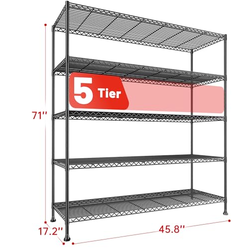 REIBII 45.8" W Storage Shelves, Heavy Duty 5-Tier Wire Shelving, Adjustable Metal Shelf for Pantry Kitchen Commercial, Tool-Free Assembly, 17.2" D x 45.8" W x 71" H, Black - size: 5 Tier, 45.8" W x 71" H x 17.2" D