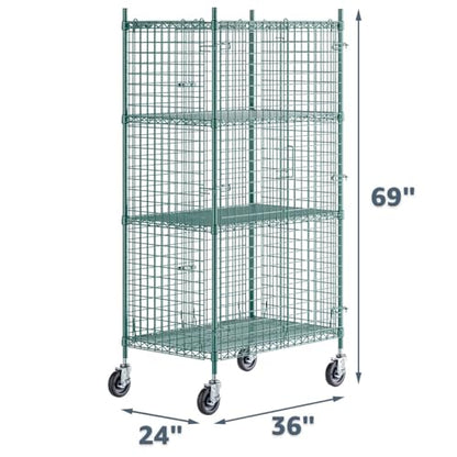 24" x 36" x 69" NSF Heavy Duty Mobile Green Epoxy Wire Shelves with Security Cage Kit, 4 Tier Metal Commercial Storage Rack with Wheels - color: Green, size: 24" x 36" x 69" with Wheels