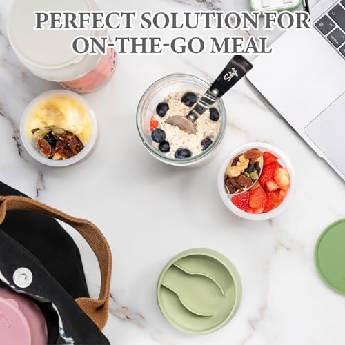 SOLIGT 2 Pack Overnight Oats Containers with Lids, Folding Spoons and Divided Compartments for Fruit & Nuts, Small Glass 16oz Mason Jars for Oatmeal Yogurt Parfait (2 Set-Oat White/Oat White) - color: 2 Set-Oat White/Oat White