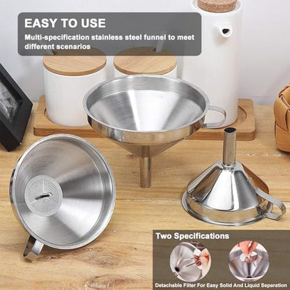 Stainless Steel Funnels for Kitchen use,4PCS Kitchen Metal Funnel with 2 Removable Strainer,Cleaning Brush.Funnel for Filling Bottles,for Transferring of Liquid,Oils,Jam (5.1",3",2.2",1.8") - size: Funnel set of 4