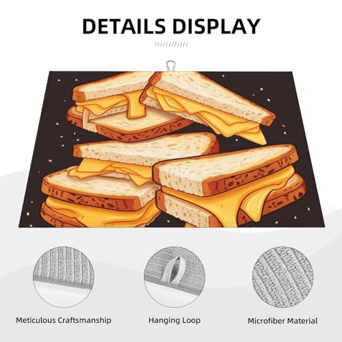 Microfiber Dish Drying Mat for Kitchen Countertop Cheese Sandwiches Dishes Mats Absorbent Dishs Pad with Hook Washable Dish Drainer Mat Large Kitchen Dish Drying Pad 18x24 Inch