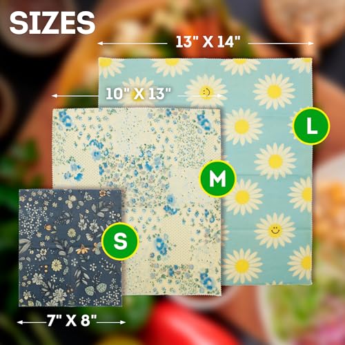 Pack of 3 Food Wraps with Flower Print. Washable Reusable Food Wrap for Sandwiches, Dough Covering. Organic Wraps for Food Reusable
