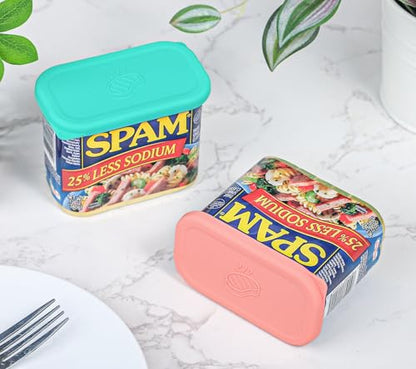 Silicone Can Lids for SPAM Canned Meat 12 oz, LFGB Platinum Silicone Can Covers for Food Storage, Freezer Dishwasher Safe, Set of 2 - color: pink green