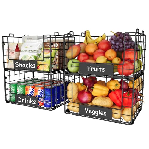 JKsmart 4 Pack XL Stackable Wire Baskets, Pantry Organizers and Storage with Name Plates, Muti-Purpose for Snack Organizer & Vegetable Basket & Fruit Basket - size: XL-12.2"x9.85"x28.65"