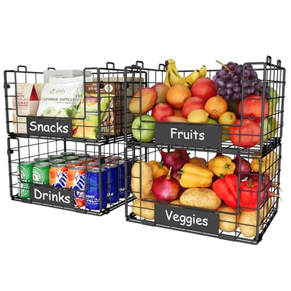 JKsmart 4 Pack XL Stackable Wire Baskets, Pantry Organizers and Storage with Name Plates, Muti-Purpose for Snack Organizer & Vegetable Basket & Fruit Basket - size: XL-12.2"x9.85"x28.65"