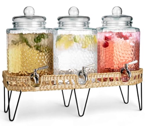 1.5 Gallon Glass Drink Dispenser for Parties 3 PACK Beverage Dispensers with Stand, Glass Water Jug Dispenser, with 18/8 Stainless Steel Spigot, Great for Party, Wedding, Picnic, BBQ Wicker Design - color: 1.5 Gallon Clear 3 Pack