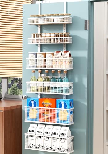 6-Tier Over The Door Pantry Organizer,Hanging Spice Rack,Grid Basket,White | Height Adjustable,Easy Grip Handle,Large Capacity,For Pantry Door,Laundry Room,Bathroom,Kitchen,D5.3xW15.7xH60.9in - color: White, size: 6 Pack