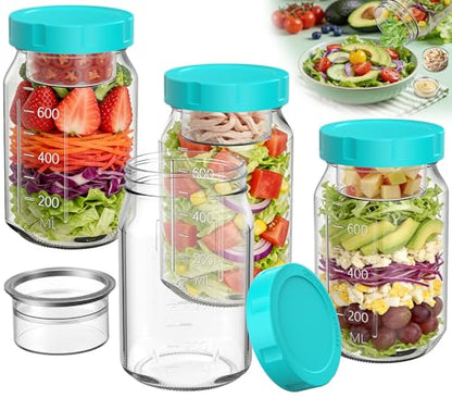 4Pack Glass Salad Jars with Lids, 32oz Salads Mason Jars with Wet/Dry Separation Cup, Meal Prep Salad Containers for Lunch, Leakproof Wide Mouth Food Storage Containers, BPA-Free Reusable (Mint Green) - color: Mint Green
