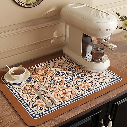 Coffee Mat, Boho Style Dish Drying Mat, Fast Water Absorption, Hide Stains, Easy to Clean, Fit Coffee Bar Accessories, Bar Mats for Countertop (12"x19", Brown) - color: Brown, size: 12" x 19"