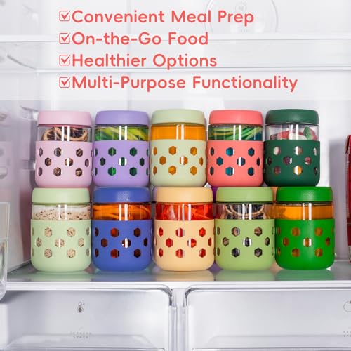 Gemice 6-Pack 16 oz Overnight Oats Containers with Lids and Silicone Sleeves, Glass Mason Jars with Airtight Lid, Dishwasher Safe, Wide Mouth Chia Seed Pudding Meal Prep Jar for Yogurt Berries Snack - color: Green, size: 16oz, 6-Pack