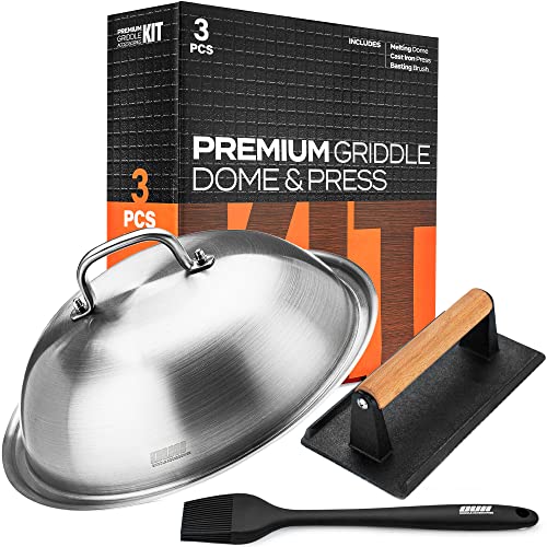 Flat Top Griddle Accessories Set for Blackstone and Camp Chef Griddle - 12 Inch Heavy Duty Round Basting Cover Cheese Melting Dome with Cast Iron Burger Bacon Press & Basting Brush
