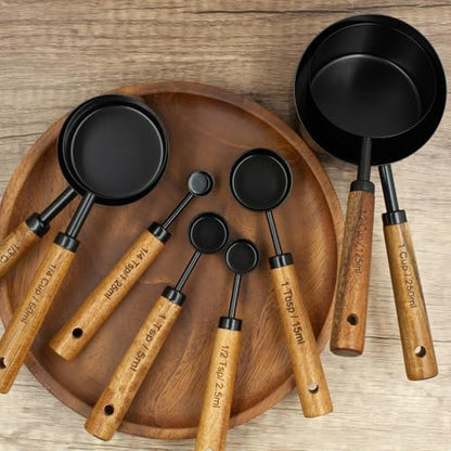 Measuring Cups and Spoons Set of 8, Stainless Steel Measuring Cup with Wooden Handle, Kitchen/Food/Liquid/Baking (Black) - color: Black
