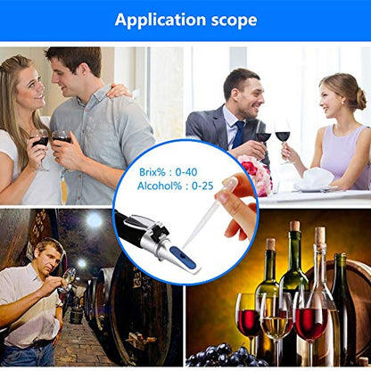 Wine Refractometer for Testing Grape Wine Brewing, Wine Making, Measuring Sugar Content in Original Grape Juice, Predicting The Wine Alcohol Degree, Dual Scale of 0-40% Brix & 0-25% vol Alcohol