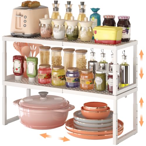 RUILALIFE Expandable-Stackable-Shelf-Organizer-For-Cabinet Pantry Closet,Kitchen Counter Shelf With Adjustable Height, Metal Storage Shelf Riser Spice Rack For Cupboard Countertop - color: White-2 Pack