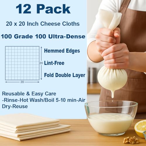 12 Pcs Cheesecloth for Straining 20x20 Inch – Reusable Grade 100 Muslin Cloth, Ultra-Fine 56x42 Weave, 100% Unbleached Cotton with Hemmed Edges, Cheese Cloth Strainer for Yogurt, Nut Milk & Baking - size: 12 PCS - 20x20 Inch