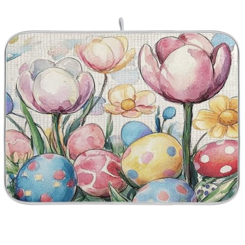 Easter Colorful Eggs Dish Drying Mat for Kitchen Counter Spring Flowers Microfiber Drying Mats Absorbent Reversible Dish Pad Draining Mats Coffee Mats Decors Medium 16x18 inch - color: easter colorful eggs, size: 18" x 16"