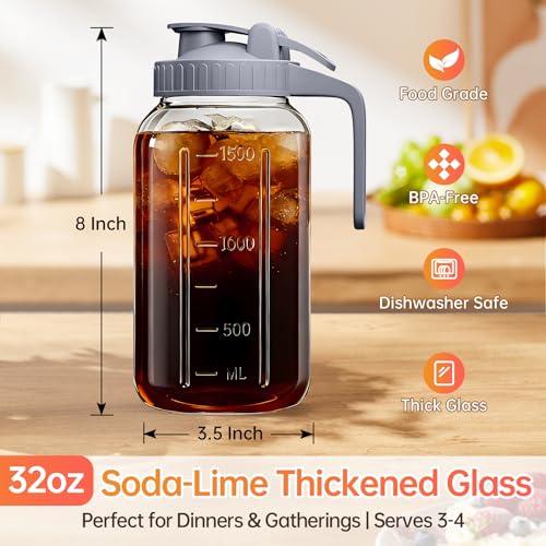 32oz Glass Pitcher with Lid & Spout – 1 Quart Mason Jars, Airtight & Leakproof Breastmilk Pitcher for Cold Brew Coffee, Sun Tea, Water, Juice – Wide Mouth, Fridge Safe - color: Gray, size: 32 Ounces