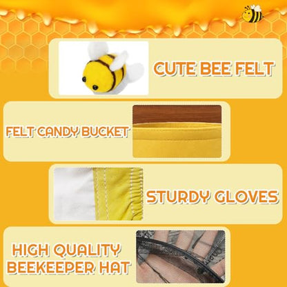 43Pcs Beekeeper Set Beekeeper Catcher Halloween Costume Including 1 Beekeeper Hat with Veil, 1 Pair of Beekeeping Gloves, 1 Felt Bucket, 20 Felt Bees, 20 Double Sided Tape for Halloween Supplies