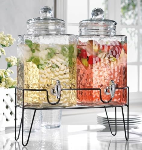 Beverage Dispensers - Set of 2 Glass Drink Dispensers with Metel Stand - 1.5-Gallon Capacity - Perfect for Lemonade, Juice, Water, Iced Tea, Punch - color: Clear
