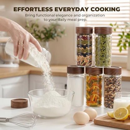 4 Pack 13 oz Glass Spice Jars with Airtight Wood Lids - 15cm Tall Small Storage Food Containers with Labels for Pantry Organization, Herb, Seasoning, Sugar, Coffee Bean, Tea