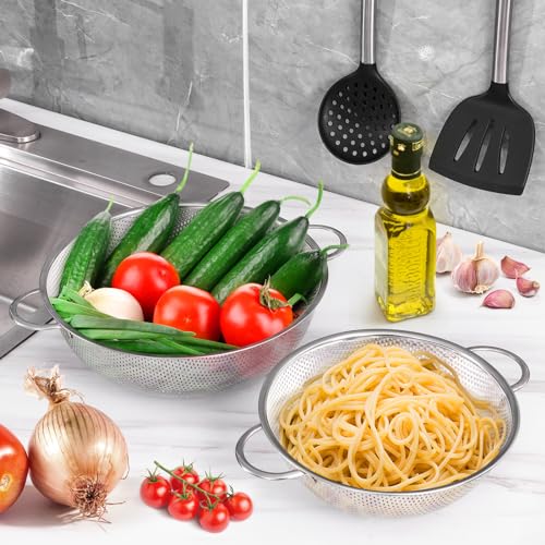 E-far Stainless Steel Colander, 3-Quart Micro-Perforated Metal Colander Strainer with Handle for Kitchen/Draining Pasta/Rinsing Vegetables Fruits, Heavy Duty & Dishwasher Safe - 8.8 Inches - size: 3 QT