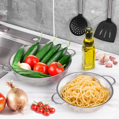 E-far 3QT & 5QT Colander Set of 2, Stainless Steel Micro-Perforated Colander Strainer with Handle for Kitchen/Draining Pasta/Rinsing Vegetables Fruits, Heavy Duty Metal & Dishwasher Safe - size: 3 + 5 QT