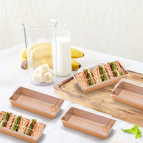 Dicunoy 100 Pack Disposable Sandwich Containers with Clear Lids, Paper Sushi To Go Containers, Rectangle Swiss Roll Cake Boxes for Craft Dessert, Waffle, Cookie, Breads, Pastry, Food Truck Business