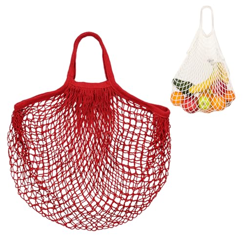 M METERXITY 1-Pack Cotton Mesh Bag, Reusable Washable Mesh Net String Grocery Bags, Reusable Produce Bags with Handle, Net Tote Bag for Fruits/Vegetables Shopping [Red, Short Handle] - color: Red