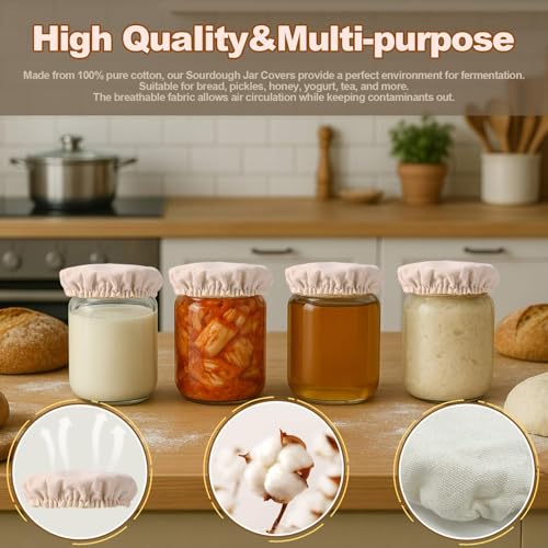 Pure Cotton Sourdough Jar Cover, Pack of 5,Breathable & Reusable Dough Proofing Cloth,Suitable for Jars with 3-4 Inch Mouth Lids - size: 5 PCS