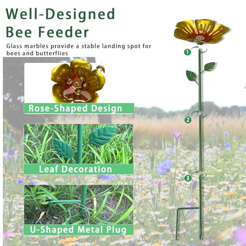 4 Packs Metal Bee Watering Station,Bee Water Feeder for Garden with 20 Marbles for Outdoor Decor,Decorative Water Feeder to Attract Pollinators(Red,Green,Blue,Yellow) - style: Rose Style