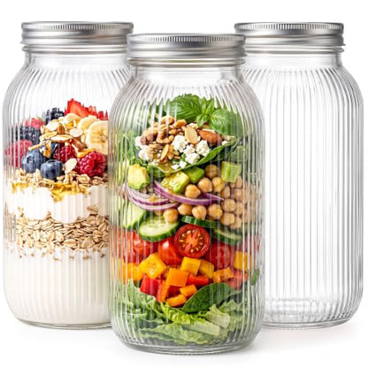 WELLIFE 64 OZ Mason Jars, 3 Pack Wide Mouth Mason Jars for Pickling, Canning, Fermenting and Food Storage, Microwave & Dishwasher Safe - color: Clear Stripe Mason Jars 64oz-3Pcs