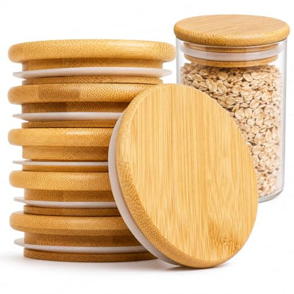Bamboo Mason Jar Lids - 86mm/3.4 Inch Reusable Wide Mouth Mason Jar Lids, Wooden Mason Jar Lids with Silicone Sealing, 100% Fit & Airtight for Wide Mouth Mason Jars (6 Pack Wide Lids)