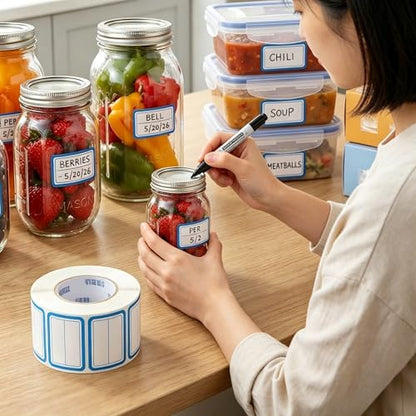 500 Removable Labels - No Residue, Reusable and Waterproof | Suitable for Food Storage Containers, Etc. (Double line-Blue) - color: Double Line-blue