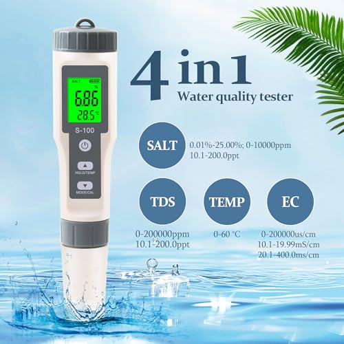 TDS Meter,4 in 1 Water Tester TDS/Salt/Temp/EC Meter,High Accuracy TDS Meter Digital Water Tester with LCD Backlit,Pool Testing Kit Salinity Tester EC Meter for hydroponics, Wine, Pool and Aquariums - size: 4-1