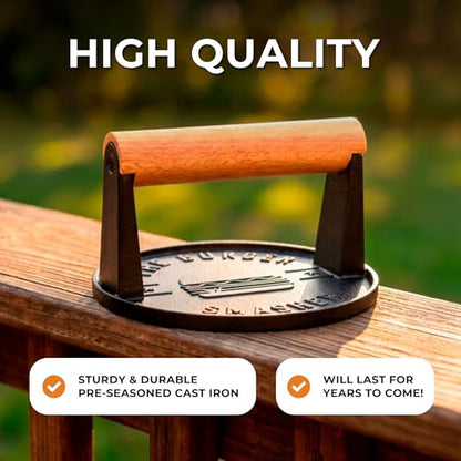 The Burger Smasher™ Pre-Seasoned Heavy Duty Cast Iron Smash Burger Press Kit - Heat Resistant Burger Smasher for Griddle, Food, Chef, Meat & Cooking Press, Hamburger Smasher - 30 Patty Paper