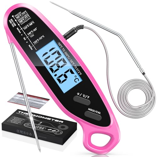 Instant Read Meat Thermometer Digital with Dual Probe & Large Backlit, Food Thermometer for Cooking & Grilling, for Candy/Baking/Oven/BBQ/Grill/Smoker, Pink Kitchen Accessories, Gifts for Women - color: Pink