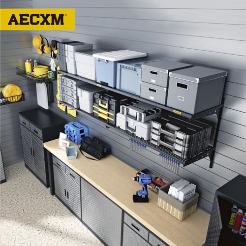 Aecxm 2-Pack 2 Tier 1.3x3ft Garage Shelving Wall Mounted, 500lbs Load Capacity，15.6x36inch per Shelf Height Cassette Adjustable Floating Shelves, Black - color: Black, size: 4pack-1.3x3ft