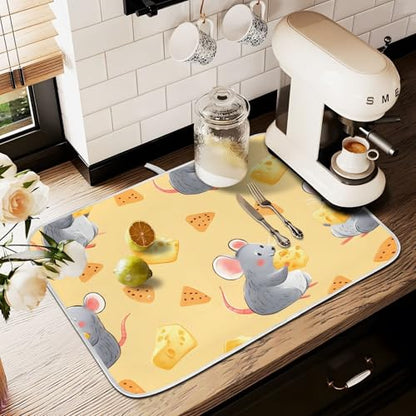 Mouse Cheese Rat Dish Drying Mats for Kitchen Counter Absorbent Microfiber Dish Drying Matt 16 x 18 Inch Draining Reusable Rack Pad - size: 16x18in
