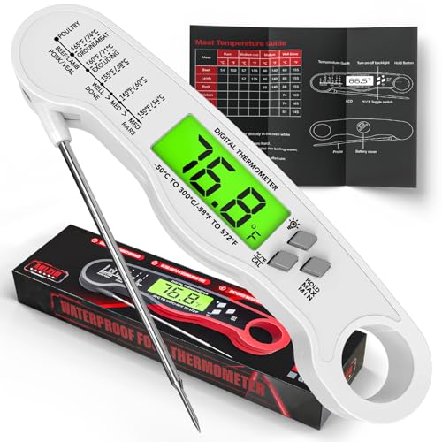 AWLKIM Meat Thermometer Digital, Instant Read Thermometer, White | Food thermometer for grill, BBQ, candy, oil and baking; backlit display, foldable probe and magnetic storage. - color: White