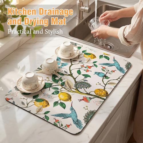 LemonRoad Dish Drying Mat for Kitchen Counter, 12"x20" Absorbent Coffee Bar Mat with Hummingbird Lemon Tree, Diatomite Drainer Drying Mats with Non-slip Backing for Kitchen Sink Countertop - style: Hummingbird Lemon Tree