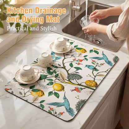 LemonRoad Dish Drying Mat for Kitchen Counter, 12"x20" Absorbent Coffee Bar Mat with Hummingbird Lemon Tree, Diatomite Drainer Drying Mats with Non-slip Backing for Kitchen Sink Countertop - style: Hummingbird Lemon Tree
