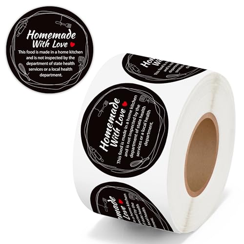 PANTIDE Cottage Food Law Labels Stickers - 500 Count Homemade with Love Adhesive Round Decal Roll, Made in A Home Kitchen Inspection Statement Thermal Printed for Food Packaging (2 x 2 Inch, Black) - color: Food Law Black