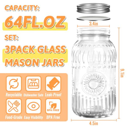 64 oz Wide Mouth Glass Mason Jar Half Gallon 3 Pack with Airtight Lids | Large Canning Jars with Silver Separable Lids for Fermenting, Pickling, Storing Food, Meal Prep, Salad & DIY Crafts - color: 64fl.oz 3pack