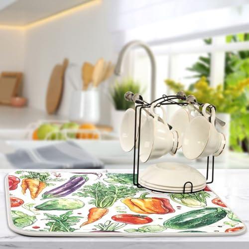 Scribble Vegetable Pattern Dish Drying Mat, Absorbent Heat Resistant, 16 x 18 inch Dish Drainer for Kitchen Countertop, Dining Table