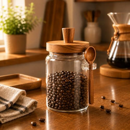 ANSQU Glass Jar with Lid and Spoon, 20.3oz Airtight Coffee Bean Container for Coffee Beans & Grounds, Cute Glass Coffee Canister for Coffee Bar Storage (1 Pack) - size: 20.3oz-1pack (φ3.54")