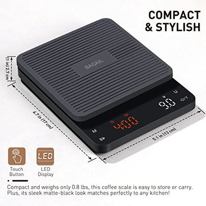 BAGAIL Coffee Scale with Timer, 0.1g/3kg Precision | For Drip Espresso & Pour Over, Rechargeable, Clear LED Display, Auto Tare, Waterproof Silicone Cover, Charging Cable Included