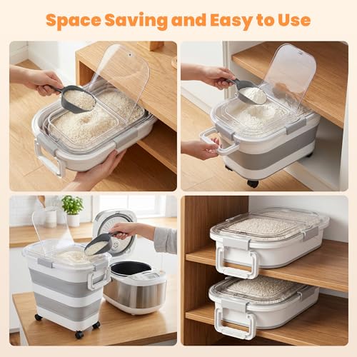 30 Lbs Rice Storage Container with Wheels, Collapsible Airtight Dog Food Storage Container with Transparent Lid, Measuring Cup, Scoop, Handle, BPA Free Rice Holder for Pet Food, Grain, Bird Seed - color: Grey/30lbs